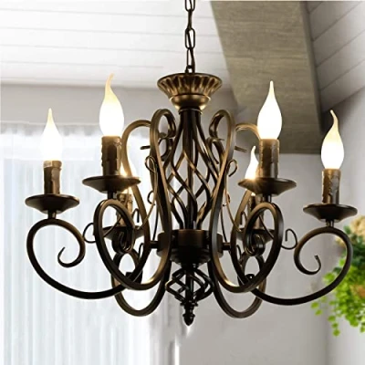 Afbeelding van Ganeed rustieke Franse kroonluchter, 6 lichten boerderij kaarsen ijzer kroonluchters, vintage metalen hanglamp voor keukeneiland, eetkamer, slaapkamer