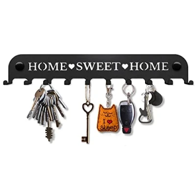 Afbeelding van Sir Holdeer Home Sweet Slim muur gemonteerd sleutelrek met 10 haken voor hal garage keuken decoratief ontwerp eenvoudige montage resistente roestvrij staal zwart 270x45mm