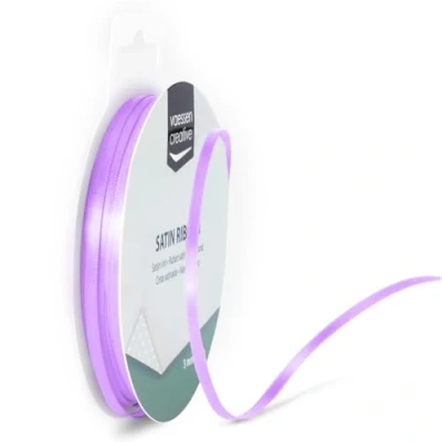 Afbeelding van Vaessen Creative Satijnen lint 3 mm x 10 m lila, lint, decoratielint om te knutselen, stoffen banden voor bruiloft, doop en verjaardagscadeaus, violet
