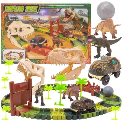 Afbeelding van sun baby Elektrische Dino Racebaan 3+ 86 onderdelen, auto in de vorm van een dinosaurus schedel, tunnel schedelvorm, figuren, bomen, sporen, stickers