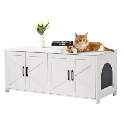 Afbeelding van VEVOR Kattenbakbehuizing voor 2 katten, kattenbak, meubels verborgen met tweepersoonskamers, houten kattenbakkast past op de meeste kattenbakken, 47,2 inch L x 18,5 B 19,75 H, wit