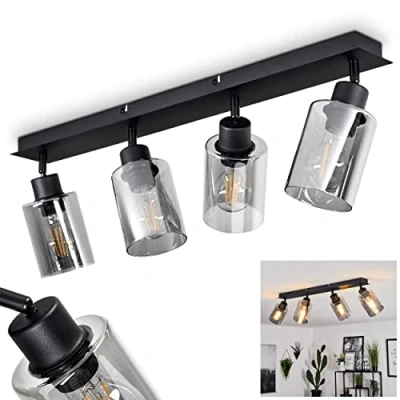 Afbeelding van plafondlamp Hunouri, van metaal/glas in zwart/rook, met kappen gerookt glas, 4 lampen, E27 fitting, zijn draaibaar, zonder lampen