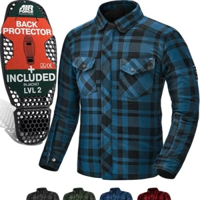 Afbeelding van SHIMA RENEGADE heren 2 motorshirt voor gepantserde geruite biker flanellen jas met kevlar door DuPont laag, CE rug, schouder, elleboogbeschermers, ritssluiting en drukknoopsluiting (blauw, XL)