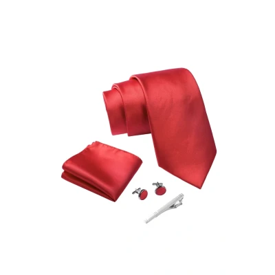 Afbeelding van Stropdas set Red met manchetknopen, pochet en dasspeld luxe stropdassen voor heren in Geschenkdoos Mens tie