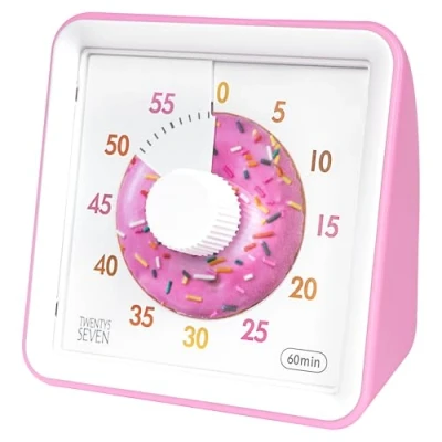 Afbeelding van TWENTY5 SEVEN Visuele timer met beschermhoes, 60 minuten afteltimer voor kinderen autisme ADHD klaslokaal thuiskantoor, countdown klok vergadertijd management, roze donutpatroon, T0868