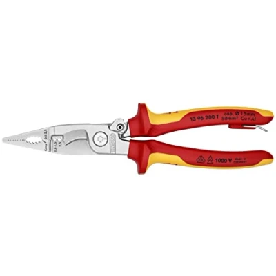 Afbeelding van Knipex Elektro installatietang verchroomd, geïsoleerd VDE gekeurd, met bevestigingshaak om een valbeveiliging aan te brengen 200 mm (zelfbedieningskaart/blister) 13 96 T BK