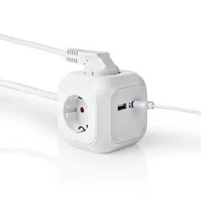 Afbeelding van Stekkerdoos Kubus 4 Wegs Schuko 2x USB 1,5 m 3x mm² Wit Nedis