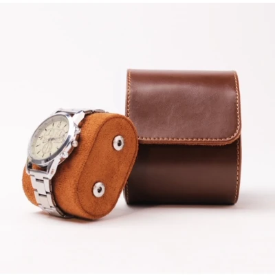 Afbeelding van Soraro Luxe Horloge Rol 1 Stuk Horlogedoos Etui Leer Watch Roll Houder Sieradendoos Opbergdoos Heren Bruin Vaderdag Cadeau
