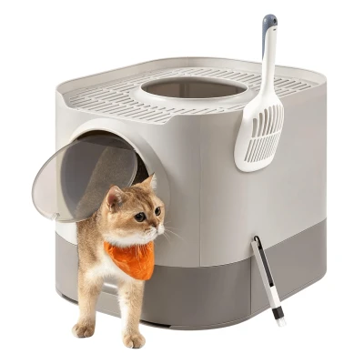 Afbeelding van ACAZA Kattenbak Kattentoilet 54 x 42.8 40 cm Warm Grijs met Schep en Borstel Kattenbakken