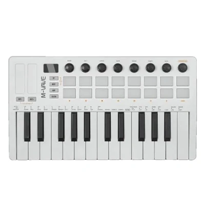 Afbeelding van M Vave SMK 25 MKII Draadloze BT Midi toetsenbordcontroller met 16 verlichte drumpads, 8 knoppen, arpeggio, USB, wit
