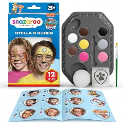 Afbeelding van Snazaroo 1172201 Paw Patrol Make up Set Skye &amp; Rubble 8 watergedragen gezichts en lichaamsverven met spons, penseel, stencil, instructies