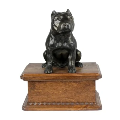 Afbeelding van Art Dog Urn voor hondenas Handgemaakt gedenkteken met koudgegoten bronzen beeld huisdierherdenkingsurn de naam 8,3x11,4x4,3 Amerikaanse Staffordshireterriër