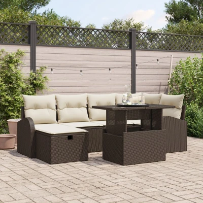 Afbeelding van vidaXL 7 delige tuinsofa set met kussens Bruin Poly Riet
