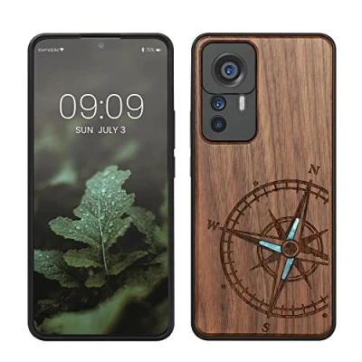 Afbeelding van kwmobile telefoonhoesje geschikt voorXiaomi 12T / Pro Hoesje met bumper walnoothout In donkerbruin Parelmoer kompas design