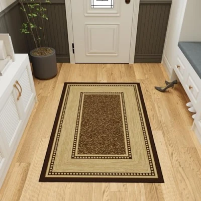 Afbeelding van Ottomanson Ottohome collectie tapijt met rubberen achterkant en modern randdesign, 100 cm x 150 cm, bruin
