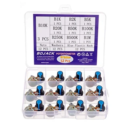 Afbeelding van BOJACK 10 Waarden 12 Stuks B1K B1M Ohm Gekartelde As 3 Terminals Lineaire Taper Roterende Potentiometer (WH148) Single Turn Carbon Film Variabele Weerstand Assortiment Kit
