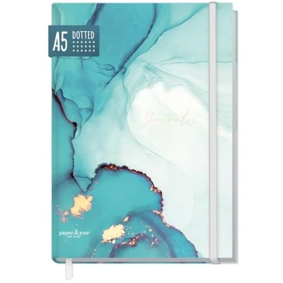 Afbeelding van Bullet Journal gestippeld A5 met elastische band, Smaragd Gold, 156 pagina&#039;s Notitieboekje gestippeld, dagboek van Trendstuff Häfft, duurzaam &amp; klimaatneutraal