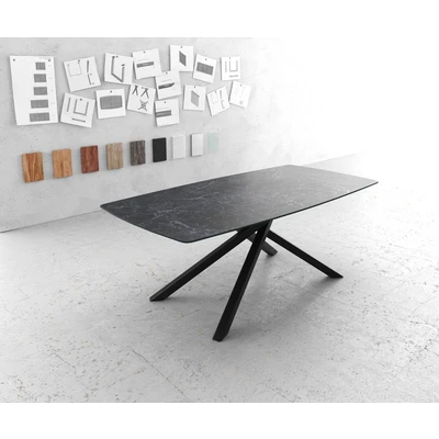 Afbeelding van Eettafel Edge bootsvorm 200x100cm Laminam® keramiek grijs middenvoet kruis zwart