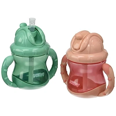 Afbeelding van Nûby Flip It antilekbeker met handvatten 2 pack Roze &amp; Groen 240ml 12m+