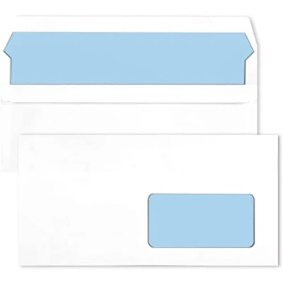 Afbeelding van Netuno 100 witte DIN lange enveloppen met venster rechts 110 x 220 mm 80 g wit blauwe binnendruk rechte klep zelfklevende vensterenveloppen DL