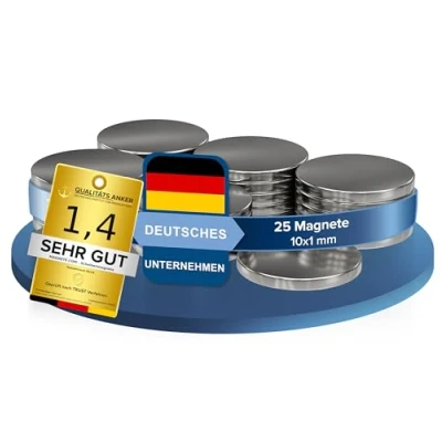 Afbeelding van 25x Neodymium powermagneet, zilver, schijfmagneet, extra sterk, rond, diameter 10 x 1 mm hoog, sterke supermagneten, hechtkracht ca. 0,5 kg, magneten voor whiteboard, prikbord, magneetbord, werkplaats