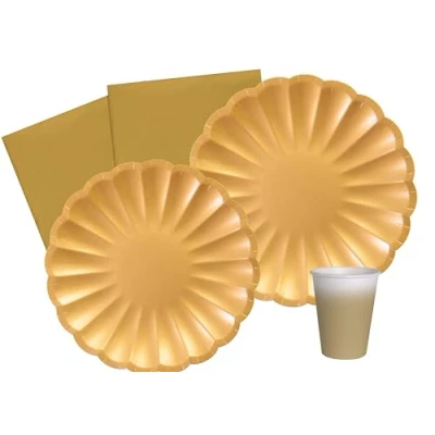 Afbeelding van Party Tableware Set Flower Shape for 24 people (112 pcs: plates Ø23cm, Ø18cm, cups 200ml, 40 napkins 33x33cm) in eco friendly compostable paper, gold