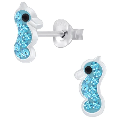 Afbeelding van JoyS Zilveren zeepaardje oorbellen 5 x 9 mm blauw kristal