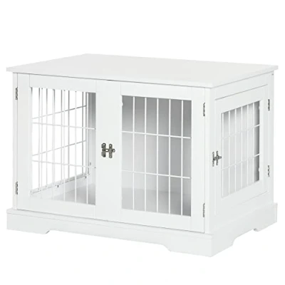 Afbeelding van PawHut Dierenkooi voor honden, 2 in 1, bijzettafel met afsluitbare deuren, afmetingen: 76 x 54,5 56 cm, metaal en MDF