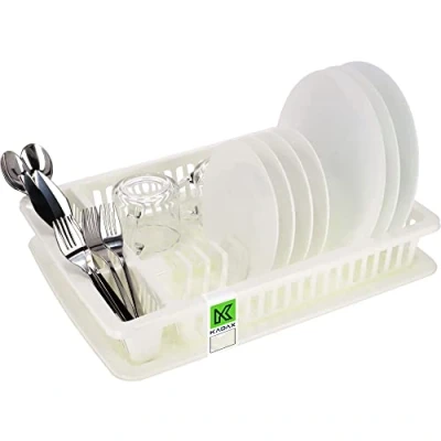 Afbeelding van KADAX Kunststof Afdruiprek Met Bestekmand en Lekbak, 46,5 x 37 8,3 cm, Voor Borden, Glazen Bestek (Ecru)
