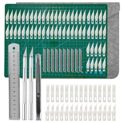 Afbeelding van 106 stuks Carving Craft messenset, scalpel met 100 reservemesjes, knutselmessen, scalpelset, cuttermes, scalpelset A5 snijmatsnijmat, voor doe het zelf kunst werk snijden