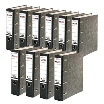 Afbeelding van FALKEN 10 stuks Recycling dubbele Ordners Wolkenmarmer. Gemaakt in Duitsland. 7 cm breed zwart voor 2x DIN A5 liggend klassement met gelijmd rugetiket Rekeningafschriftenmap Blauwe Engel.