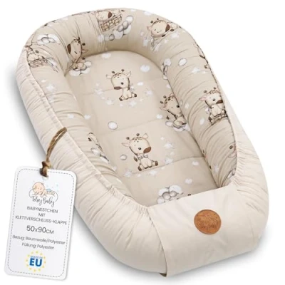 Afbeelding van Babynest babynestje pasgeboren met draaggreep 90 x 50 cm baby nestje draagbaar nest voor bed kinderen knuffelnest cocon jongens en meisjes Giraffen