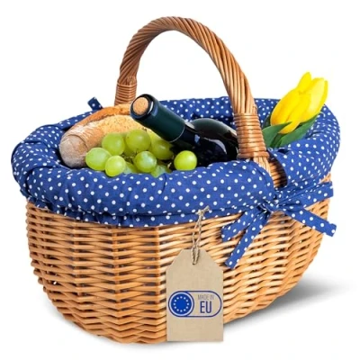Afbeelding van Creative Home Grote picknickmand met marineblauwe bies Rieten mand handvat Winkelmand 43 x 32 37 cm (+/ 2 cm) Groot en lichtgewicht Natuurlijk bruin Handgeweven Multifunctioneel