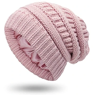 Afbeelding van XRDSS Dames warme winterhoeden unisex satijn gevoerd slouchy kabel gebreide muts, roze, 6 7/8 7