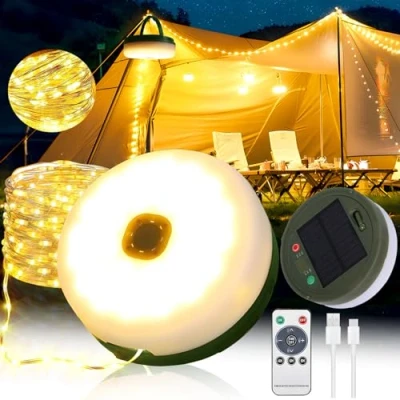 Afbeelding van BARAKYEG Campinglichtketting op zonne energie, oprolbaar, 10 m, waterdicht, voor buiten, 8 verlichtingsmodi, 2000 mAh, USB oplaadbaar, campinglamp camping, tuin en wandelen, tent camping