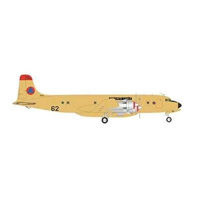 Afbeelding van Herpa vliegtuig model Sécurité Civile Douglas DC 6 F ZBAD &quot;Pélican 62&quot; schaal 1:200 modelvliegtuig, vliegtuigmodel voor verzamelaars, miniatuur deco, metalen met standaard