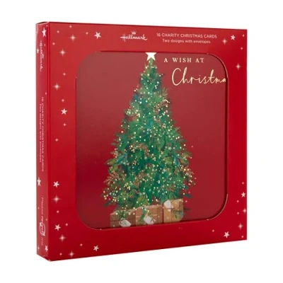 Afbeelding van Hallmark Kerstkaart, multipack kerstkaarten, 16 stuks, 2 motieven, kerstboom en krans, liefdadigheidskerstaartjes, met enveloppen
