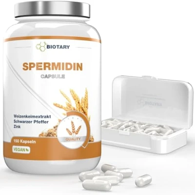 Afbeelding van Spermidine 180 capsules van 606 mg meer dan 4 per dagelijkse portie inclusief pillendoosje hooggedoseerde premium kwaliteit laboratorium getest veganistisch hooggedoseerd