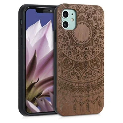 Afbeelding van kwmobile telefoonhoesje compatibel met Apple iPhone 11 Hoesje van hout en TPU In donkerbruin Indian Sun