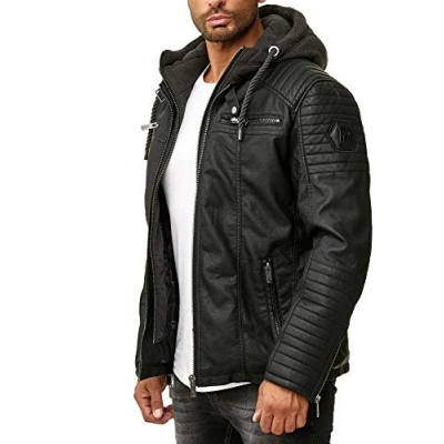 Afbeelding van Redbridge Leren herenjack van kunstleer, bikerjack met capuchon, zwart, 4XL