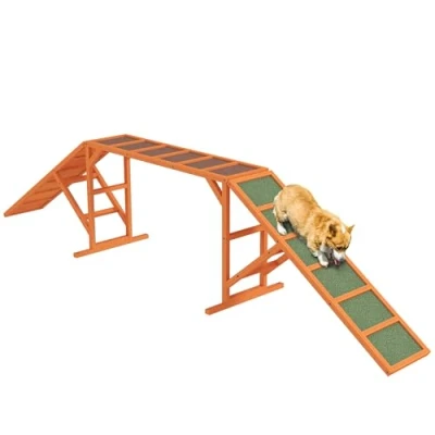 Afbeelding van PawHut Hunde Agility Steg Ausrüstung für mit Sicherheitsstange, rutschfeste Oberfläche Gerät Garten, 325 x 55 69 cm, Orange