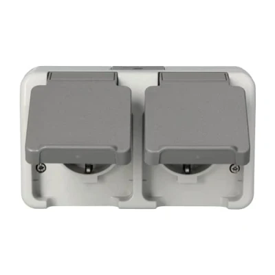Afbeelding van Merten MEG2321 8029 SCHUKO dubbel stopcontact, horizontaal geplaatst, lichtgrijs, AQUASTAR, grijs