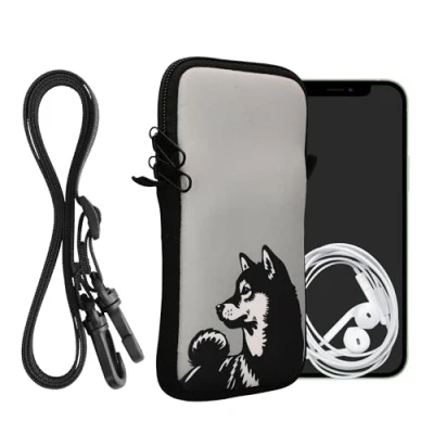 Afbeelding van kwmobile Tasje voor smartphones XXL 7&quot; Hoesje van neopreen in zwart / wit grijs Phone case met nekkoord Shiba hond design