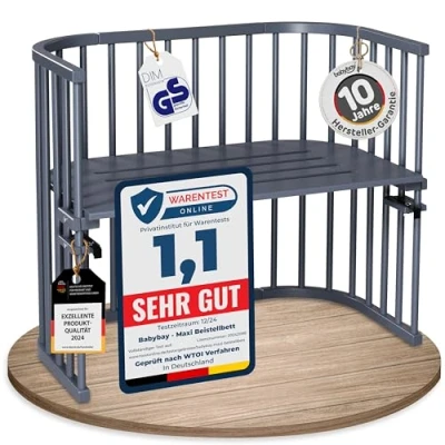 Afbeelding van babybay Maxi extra groot bijzetbed van massief beukenhout/kinderbed hoogte traploos verstelbaar &amp; milieuvriendelijk/meegroeiend babybed (leigrijs gelakt), 1 stuk (1 stuk)