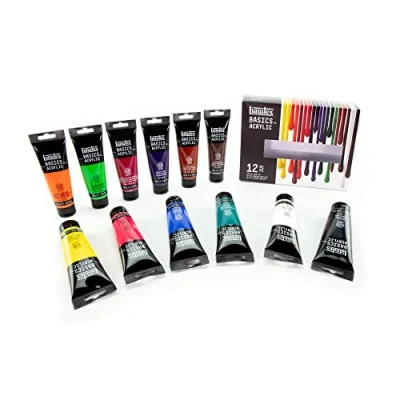 Afbeelding van Liquitex 3699391 Basics Acrylverf, monopigmenteerde kunstenaarspigmenten, lichtecht, gemiddelde viscositeit, archiefkwaliteit, zijdeglanzende afwerking, 12 kleuren set van 118 ml