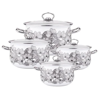 Afbeelding van Silesia Kate 8 delige exclusieve emaille pannenset retro wit met bloemen
