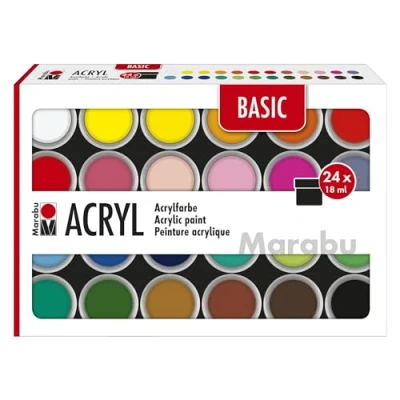 Afbeelding van Marabu acrylverfset BASIC, 24 x 18 ml semi matte kleuren, gemakkelijk te schilderen, sneldrogend, lichtecht, weerbestendig, voor vele schildertechnieken en ondergronden, 1210000000215