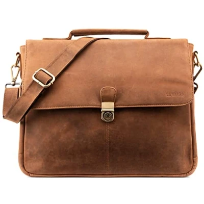 Afbeelding van LEABAGS Lederen schoudertas voor heren, aktetas, vintage laptoptas, messenger bag 15 inch laptop, met schouderriem, notebooktas leer, werktas, schoudertas, Fox, Texas, Boheems,