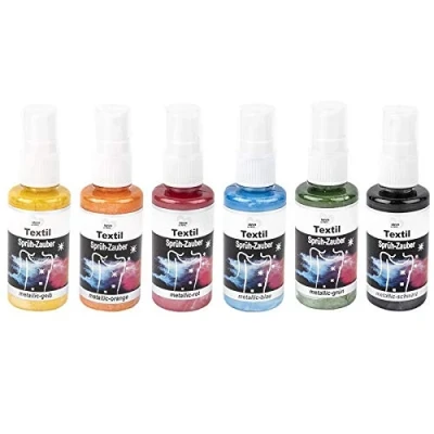 Afbeelding van Ideen mit Herz Textielspuitverf, spuit magie, metallic, 6 x 50 ml, sterk gepigmenteerd, hoogste glans voor licht en donker textiel, op waterbasis (set 3, geel, oranje, rood, blauw, groen, zwart)