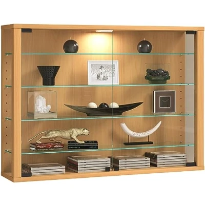 Afbeelding van VCM Wandvitrine hangvitrine glazen vitrine muur showcase glas L honingeiken